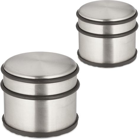 Relaxdays Set of 2 Door Stoppers, Stainless Steel, HxØ: 7.5 x 9 cm, High & Heavy, Non-slip, Slam Brake, Silver/Black
