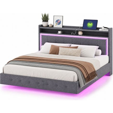 CHICFURN lit double rembourré gris 160 x 200 avec USB éclairage LED et pieds dissimulés (1/5)
