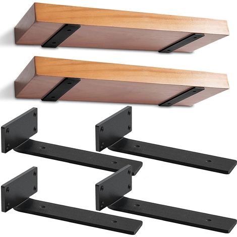 Lot de 4 - Support étagère flottante - Fixation murale invisible - Acier robuste antirouille pour rangement bibliothèque salon - Noir - 25cm