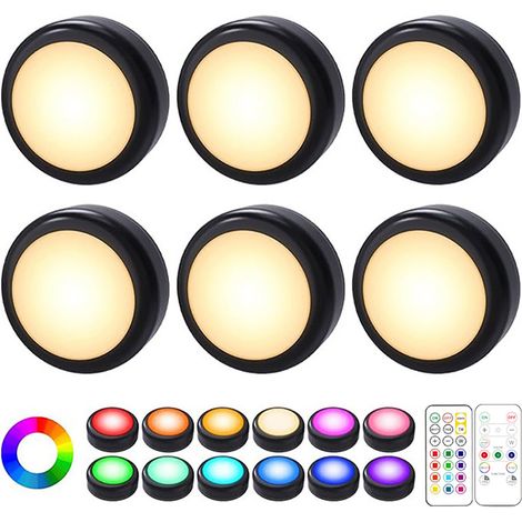 Lot de 6 spots LED ronds avec télécommande, éclairage sans fil sous les meubles et placards, 13 couleurs RGB, variateur, minuterie et piles AA, installation facile par simple pression ou contact, noir (1/4)