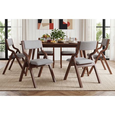 Lot de 4 chaises pliantes en bois massif avec assise en lin gris pour salle à manger (1/5)