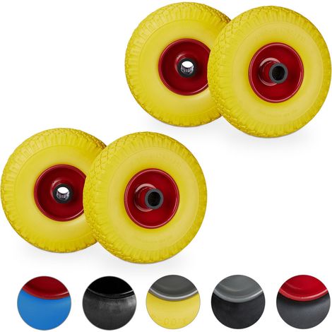 4 x Sackkarrenrad im Set, pannensicher, 3.00-4 PU Vollgummireifen, Stahlfelge, 25mm Achse, 100kg, 260x85mm, gelb-rot