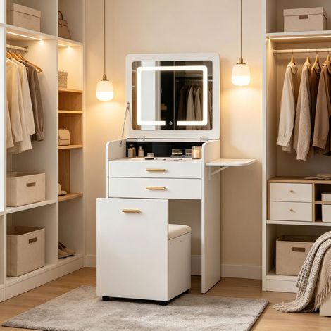 Coiffeuse 3 en 1 avec miroir LED 40x50x87,2 cm-2 tiroirs-Plateau en verre-Tabouret avec rangement à roulettes-Blanc (1/5)