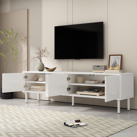 Mueble TV con 4 Puertas y Pasacables, Superficie Mate y Pie Central Ajustable para Salón, MDF, Blanco, 180 × 40 × 52 cm (1/4)