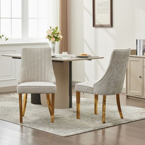 Chaises de salle à manger chenille, lot de 2, tissu doux capitonné, pieds acier inoxydable doré, design élégant, beige (1/5)