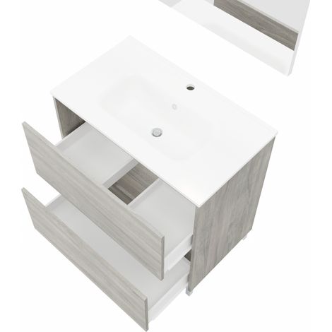 Mobile bagno a terra 80 cm in legno rovere grigio con lavabo e specchio - Francia - Con colonna specchio e lampada LED - Accessorio: Con specchio e lampada LED (1/5)