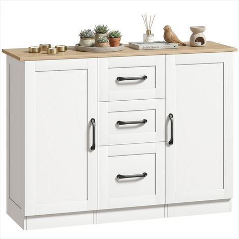 Buffet blanc et bois naturel 110 cm avec 2 portes et 3 tiroirs, style contemporain (1/5)