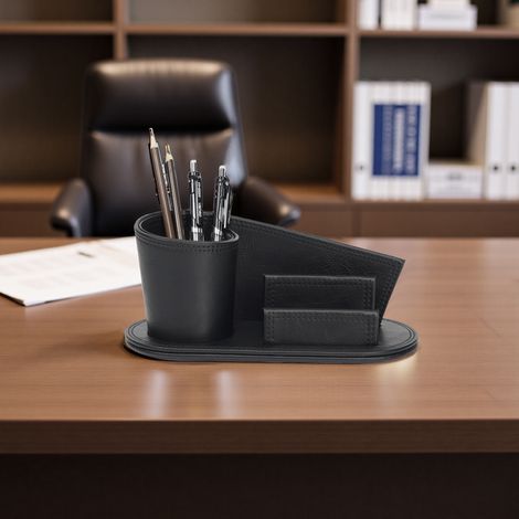 DEHOBO Organiseur de bureau combiné en simili‑cuir, pot à crayons et porte‑cartes, rangement multifonction design original pour bureau (1/2)