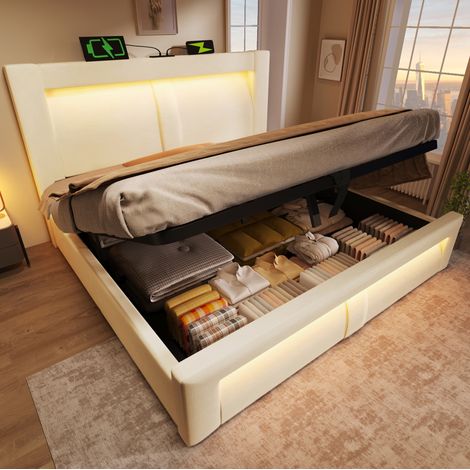 Letto con contenitore in velluto beige 160x200 cm con rete a doghe, LED e porte USB/Type-C (1/5)