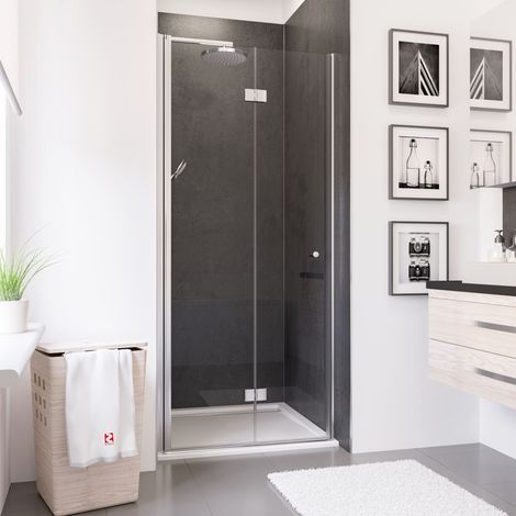 Porte de douche pivotante-pliante pour niche, ouverture vers la gauche, verre 5 mm transparent anticalcaire, profilé noir, style industriel, Schulte, 80 x 190 cm