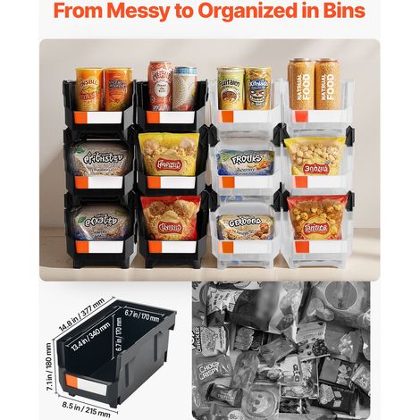Bacs plastique empilables 37.7x21.5x18 cm lot de 12, boîtes rangement atelier garage petites pièces fournitures bureau accessoires noir et transparent (1/5)