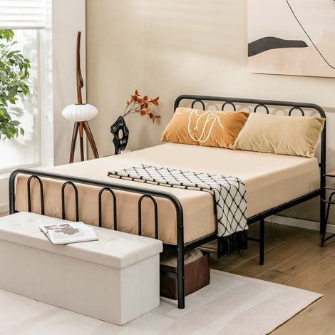 Lit Double, Cadre de Lit en Métal pour Matelas de 200 x 140 cm Fer Forgé avec 5 Pied Rangement sous le Lit sans Bruit Noir Maison Chic (1/4)