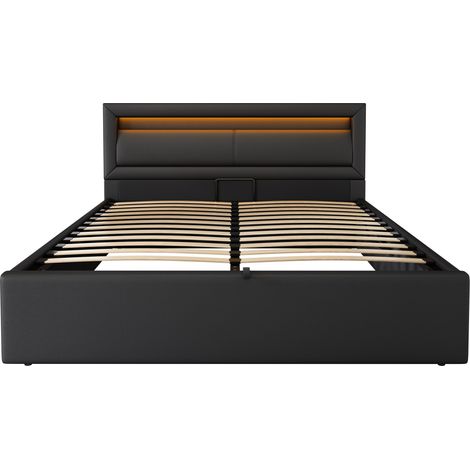 Lit rembourré LED 140190cm avec sommier à lattes et rangement, avec tête de lit éclairée multicolore, noir, tête de lit et simili cuir (1/5)
