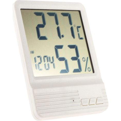 Termómetro-higrómetro digital blanco con reloj, indicador de temperatura y humedad, calendario e indicador de valores máximos y mínimos – blanco (1/5)