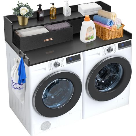 VEVOR 2 Cassetti per Lavatrice e Asciugatrice con Ripiano a 2 Livelli, 137 x 70 cm in Legno con Cuscinetti Antiscivolo, Piano di Appoggio per Lavanderia Resistente allAcqua per Organizzazione, Nero (1/5)