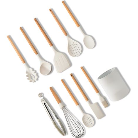10-teiliges Küchenhelfer-Set aus Silikon mit Halter, antihaftbeschichtet, hitzebeständig, Kochlöffel-Set, milchig-weiß (1/5)