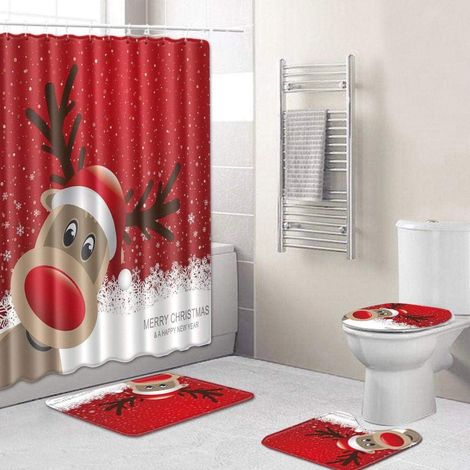 Lot de 4 Rideaux de douche, Motif élan Noël, Polyester imperméable, Décoration salle de bain, Lavable machine (1/5)