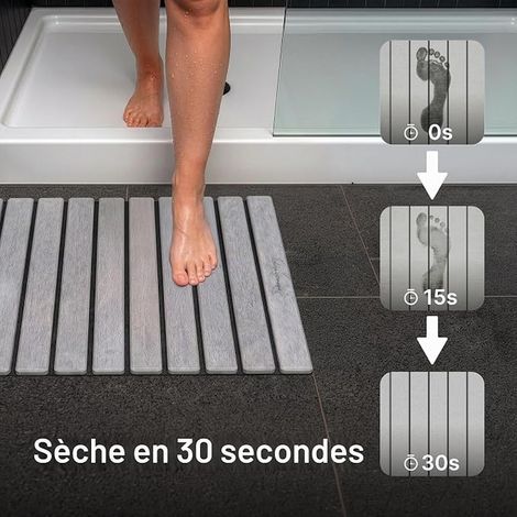 Tapis de douche enroulable en pierre 60 × 40 cm en diatomite - Tapis de douche à séchage rapide pour salle de bain - Tapis de galet, gris clair (1/4)
