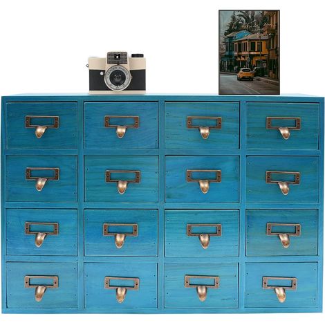 Armoire de rangement à 16 tiroirs en bois avec poignées en métal - Bleu vintage - Avec plateau de table - Pour bureau, maison, bijoux, herbes, petits objets (1/5)