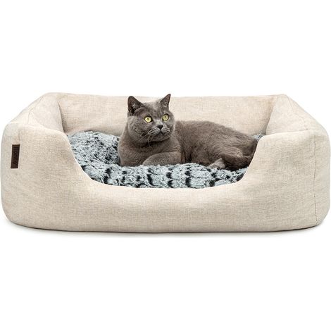 lionto Katzenbett, stilvolles Kuschelkörbchen mit tiefem Einstieg, Wendekissen & rutschfestem Boden, 80x60 cm, beige (1/5)