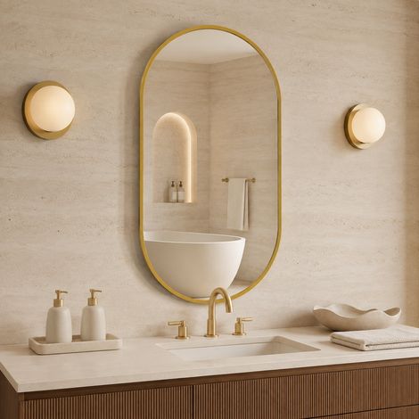 Miroirs Muraux Ovale 75x50 cm Doré, Cadre en Aluminium Miroir de Salle de Bain, Horizontal/Vertical Mural Suspendu pour Chambre à Coucher, Salon (1/5)