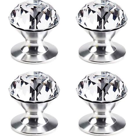 Set mit 4 selbstklebenden Kristall-Aluminiumknöpfen für Möbel, Schränke, Schiebetüren und Schubladen. Klare Kristallgriffe. Schubladenknöpfe. (1/4)