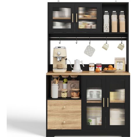 Vitrine éclairage led prise électrique portes en verre trempé porte-bouteilles coloris noir aspect bois plan de travail renforcé (1/5)