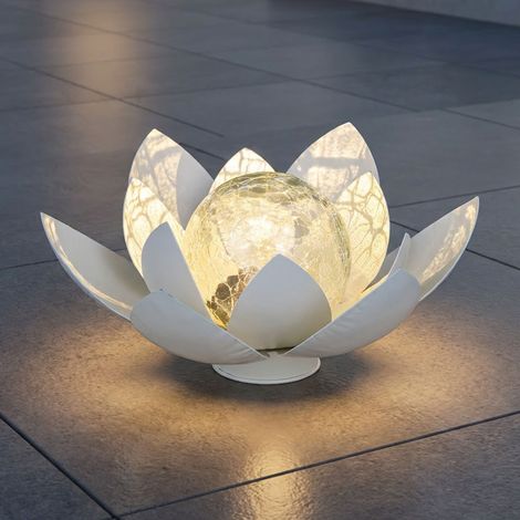 LED fiore di loto decorazione giardino lampada solare luce esterna lampada solare da tavolo, metallo bianco vetro crepla, DxH 27,6 x 12 cm