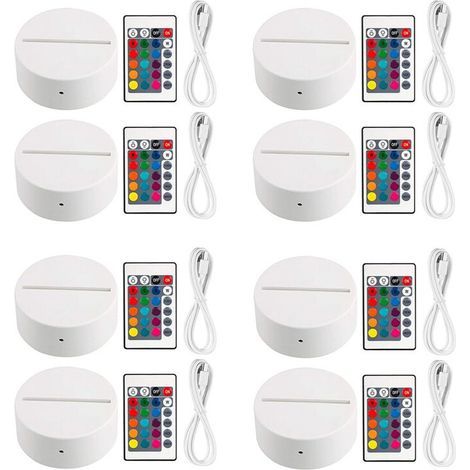 Lot de 8 Socles de Lampe de Nuit à LED 3D + TéLéCommande + Câble USB, PréSentoir de Spectacle de LumièRe 16 Couleurs pour Acrylique Blanc (1/3)