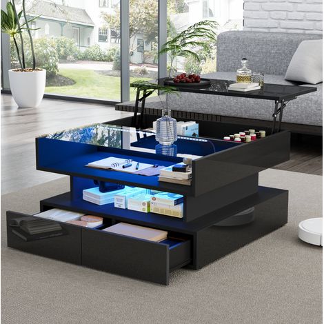 Mesa de centro elevable 80x80x45 cm negra con almacenaje FloraGrace (1/5)