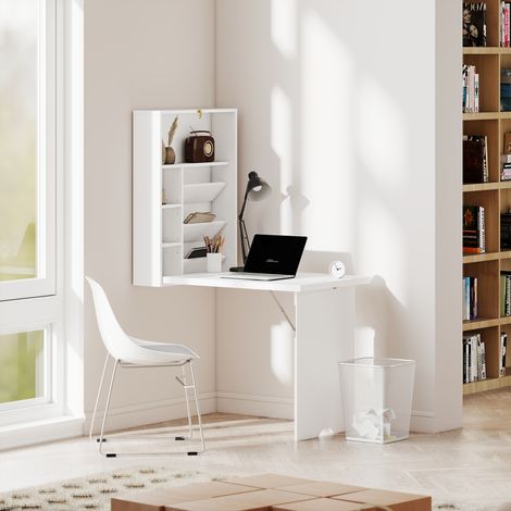 Table murale rabattable, bureau escamotable avec rangements pour séjour, cuisine, télétravail, 93,8 x 60 x 147 cm, teinte blanche (1/5)