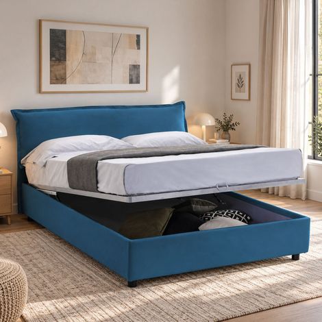 Talamo Italia Cama matrimonial Cloe, Cama contenedor con funda extraíble con cabecero tapizado y estructura de cama, 100% Made in Italy, adecuado para colchón Cm 160x200, Azul, con embalaje reforzado (1/5)
