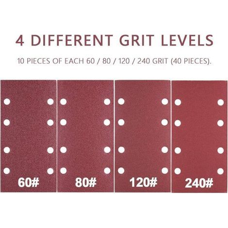 Lot de 40 Feuilles Abrasives Rectangulaires 93 x 185 mm pour Ponceuse Orbitale – Grains 60, 80, 120 et 240 – 8 Trous (1/5)