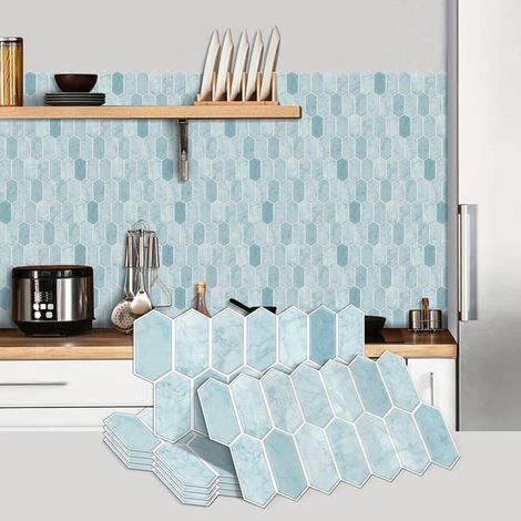 Crédence de cuisine autocollante - 6 feuilles, imperméable, 30 x 15 cm, bleu résistant à l'huile