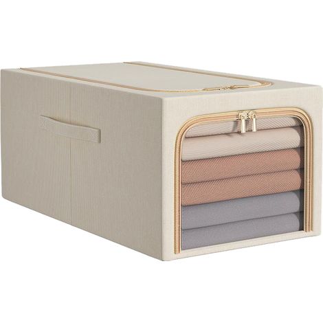 Clothes Storage Bag 50L Clothes Storage Bin Bedroom Storage Box with Metal Frame Handle 47x35x30cm Beige