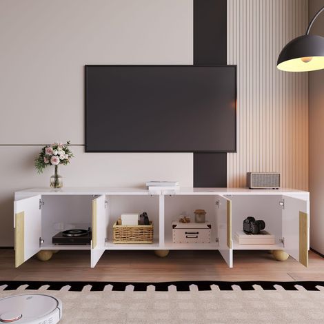 Meuble TV 180 cm blanc effet marbre, 4 portes, façades rainurées, pieds boule en bois massif, meuble bas avec rangement (1/5)