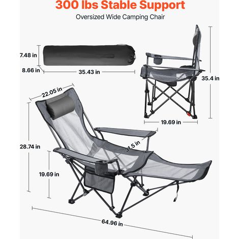 Chaise de Camping Pliante, 4 Positions Réglables, Chaise Longue Inclinable Portable pour Adultes, avec Repose-pieds, Appui-tête, Ti… (1/5)