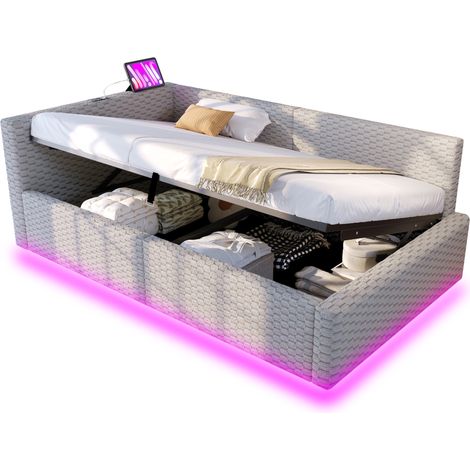 CHICFURN Lit coffre 90x200 cm en velours gris avec LED, ports USB-C et USB, tête de lit en L, rangement hydraulique, pour chambre adulte, matelas non inclus (1/5)