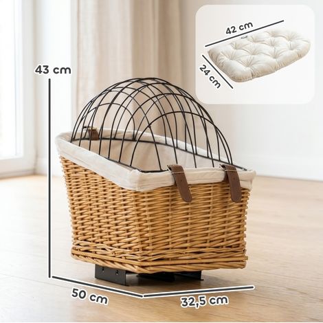 Panier vélo pour chiens et chats en osier naturel avec couvercle métallique et coussin doux, couleur marron clair (1/5)