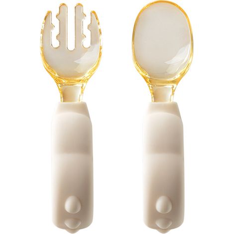 Fourchette et cuillère pour l'apprentissage de l'alimentation du nourrisson, cuillère d'apprentissage de l'autonomie (à trois dents), beige,