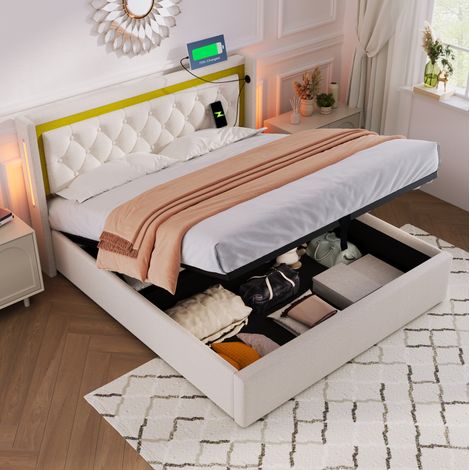Cama doble tapizada con almacenaje LED y USB beige OKMYHOME (1/5)