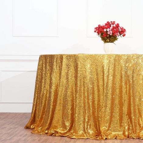 Nappe à paillettes dorées rondes de 229 cm (90 pouces), élégante et scintillante, idéale pour une réception de mariage. (1/3)