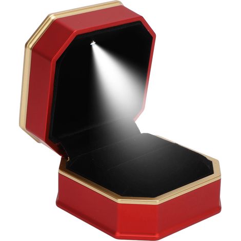 Boîte à bague avec éclairage LED, intérieur floqué de luxe, coffret cadeau pour demande en mariage, fiançailles ou mariage, rouge (1/5)
