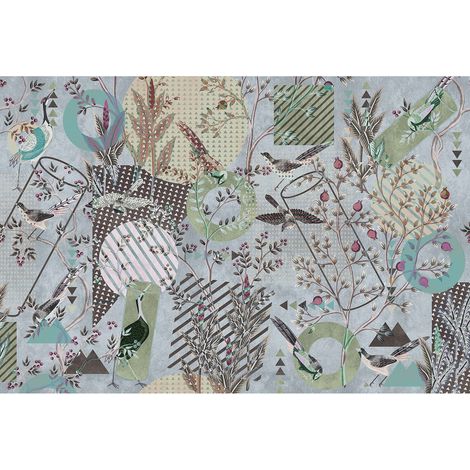 Papier peint panoramique zen à motifs multicolore Tapisserie panoramique oiseaux aire de jeu couloir Papier peint panoramique animaux abstraits (1/2)
