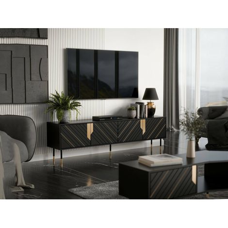 Mueble de TV Seborga, aparador de salón con cuatro puertas batientes y cuatro compartimentos interiores, elevado del suelo, 204x40 h55 cm, negro y dorado (1/4)