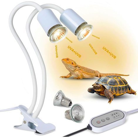 Double-Head Reptile Heat Lamp, 2H, 4H, 6H Timer, E27 UVA/UVB Bulb, 360 Degree Clip for Turtles and Lizards (1/5)