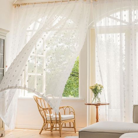 Rideau Voilage voile Floral Blanc 132x241cm - Pochette Tringle Transparente Décoration Noce/Salon en Polyester Lavage Main (1/5)