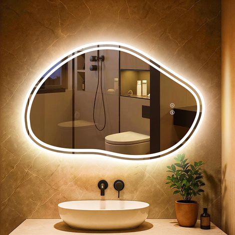 Miroir asymétrique avec éclairage, miroir de salle de bain 80x53 cm avec éclairage, 3 couleurs de lumière, variateur, interrupteur tactile et fonction mémoire, idéal pour la salle de bain. (1/5)
