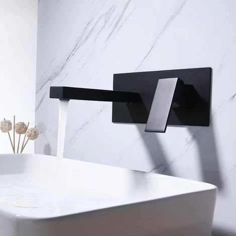 Wall Mounted Bathroom Sink Mixer Tap with Waterfall Extra Wide Spout Single Handle Concealed Faucet Basin Mixer Tap Bathtub Wall Mounted Faucet (Black) (1/5)