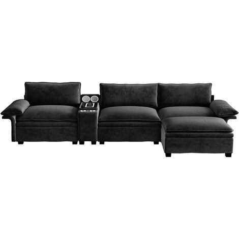 ELVMI Divano modulare angolare 4 posti con ricarica wireless, luce, contenitore, altoparlanti e 2 portabicchieri, Chenille, Nero (1/5)